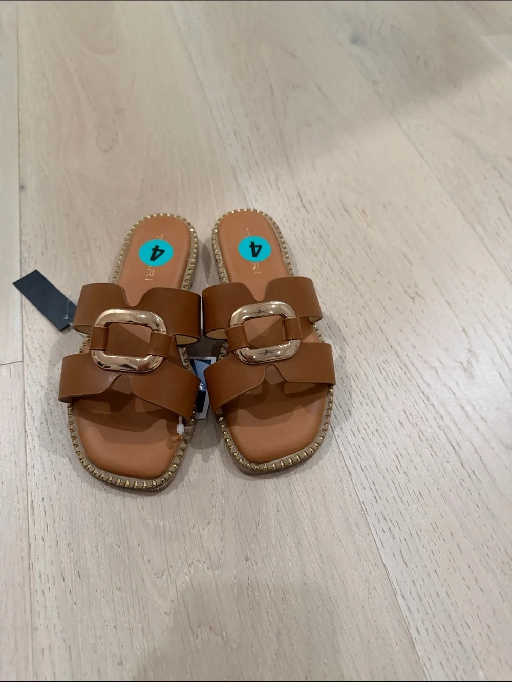 Tahari Girls' Tan Slide Sandals with Gold Buckle Accent
